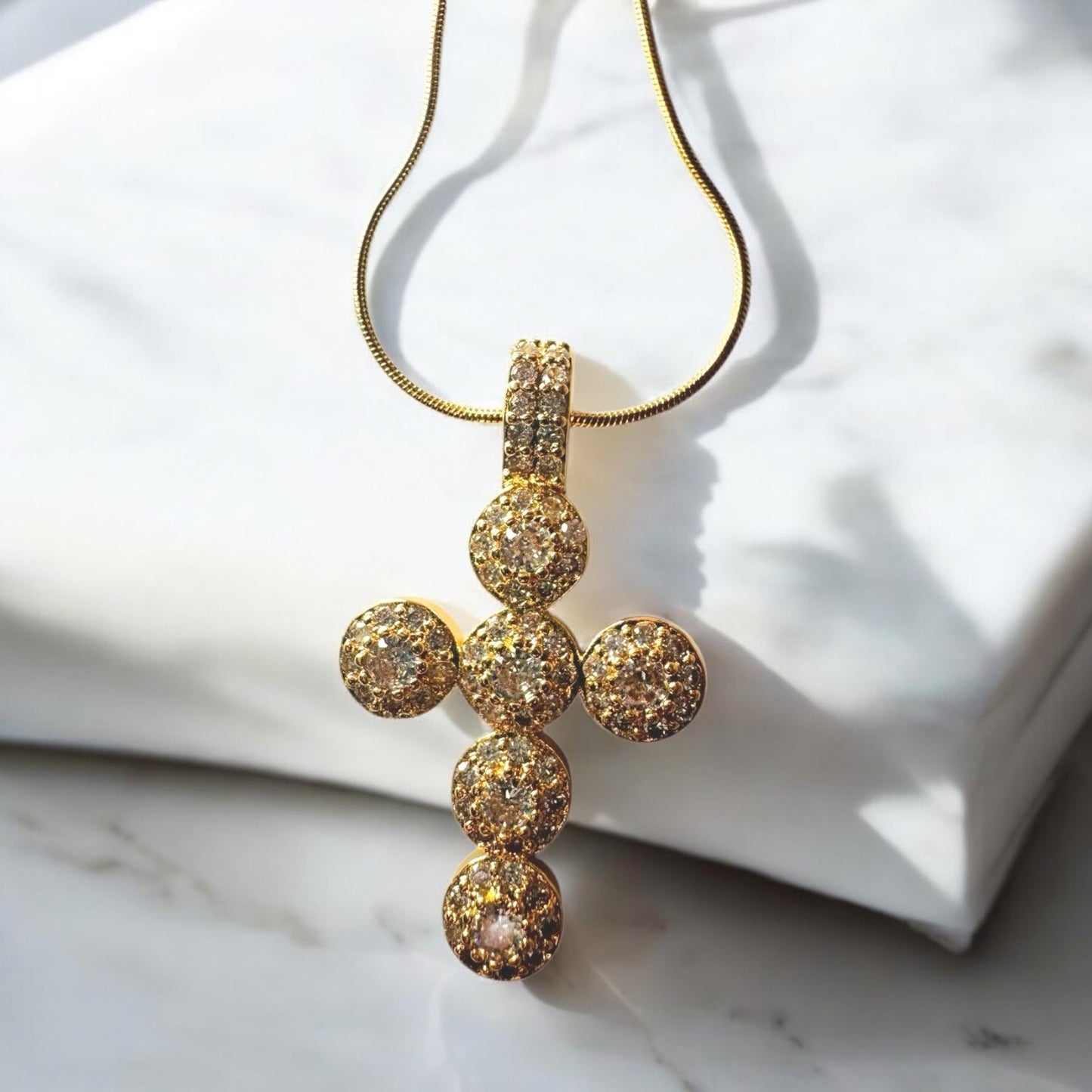 Steel Gold Necklace with Pendant Cross full of Zircon - NE009