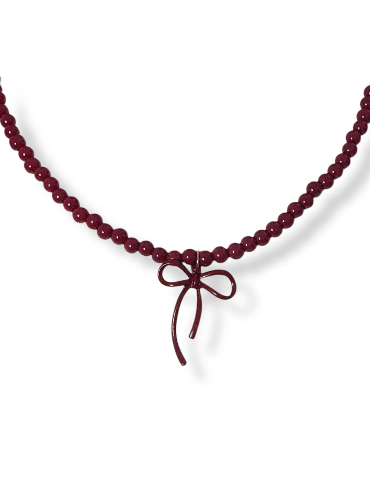 Necklace with steel chain, acrylic crimson beads and pendant booty-ne086