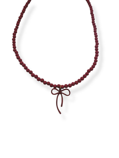 Necklace with steel chain, acrylic crimson beads and pendant booty-ne086