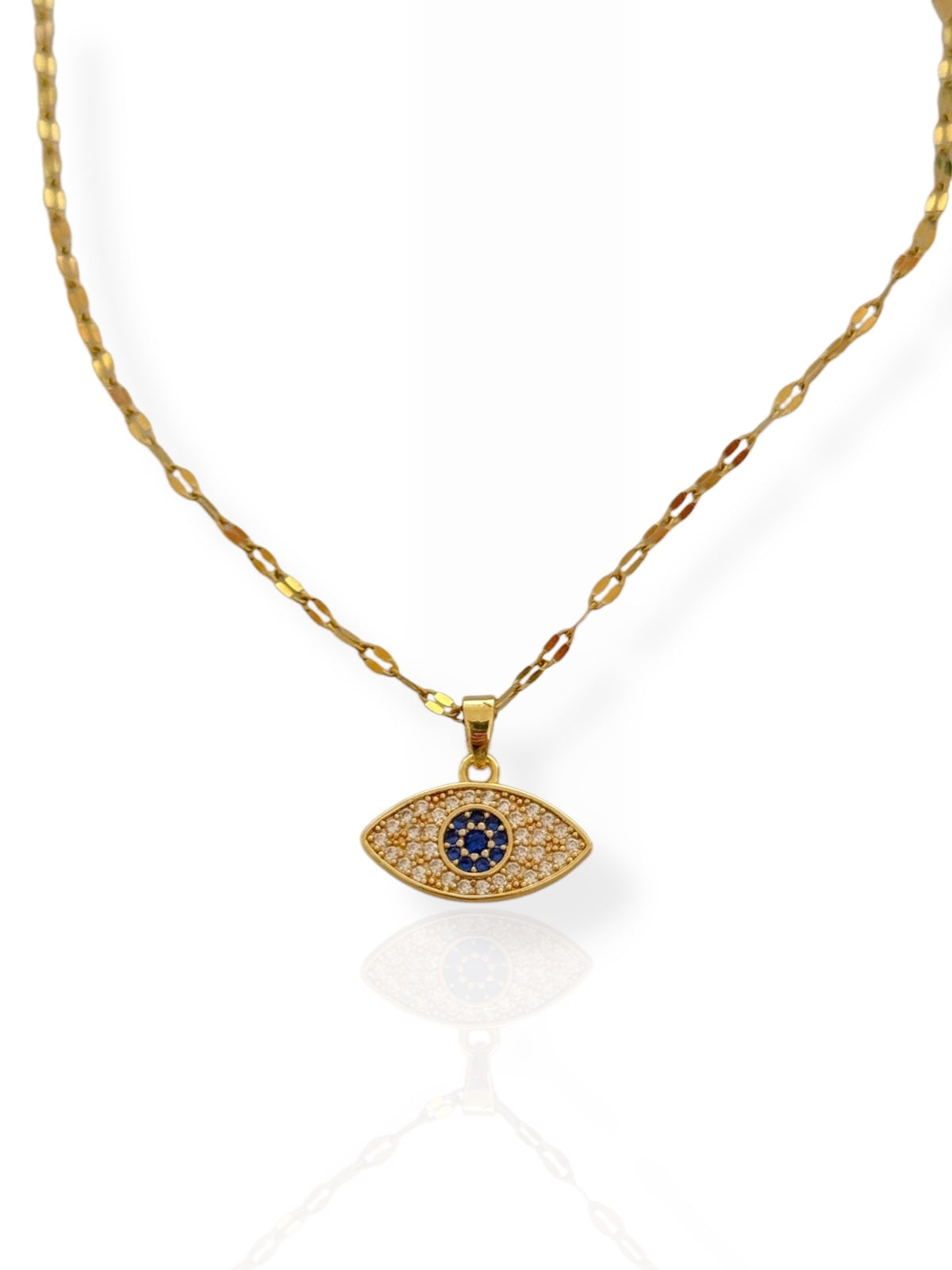 Steel necklace with pendant eye gold full of little zircon white and blue - ne027