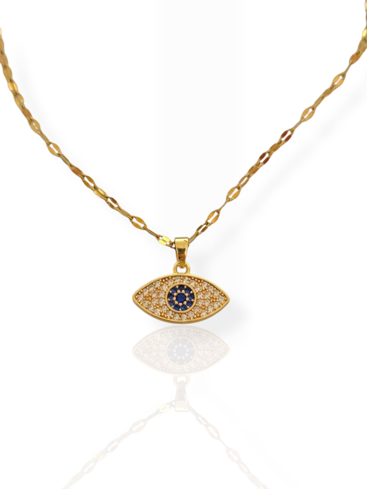 Steel necklace with pendant eye gold full of little zircon white and blue - ne027