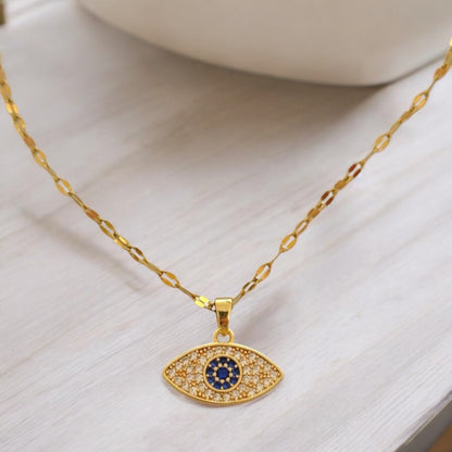 Steel necklace with pendant eye gold full of little zircon white and blue - ne027