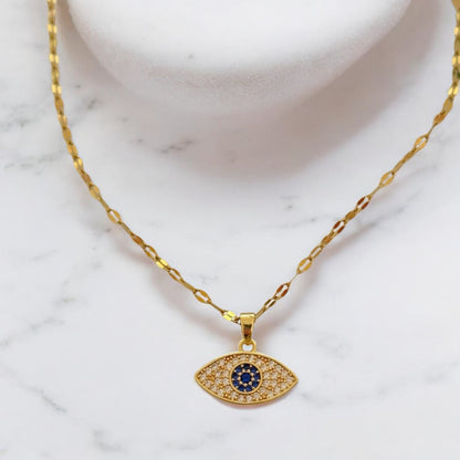 Steel necklace with pendant eye gold full of little zircon white and blue - ne027