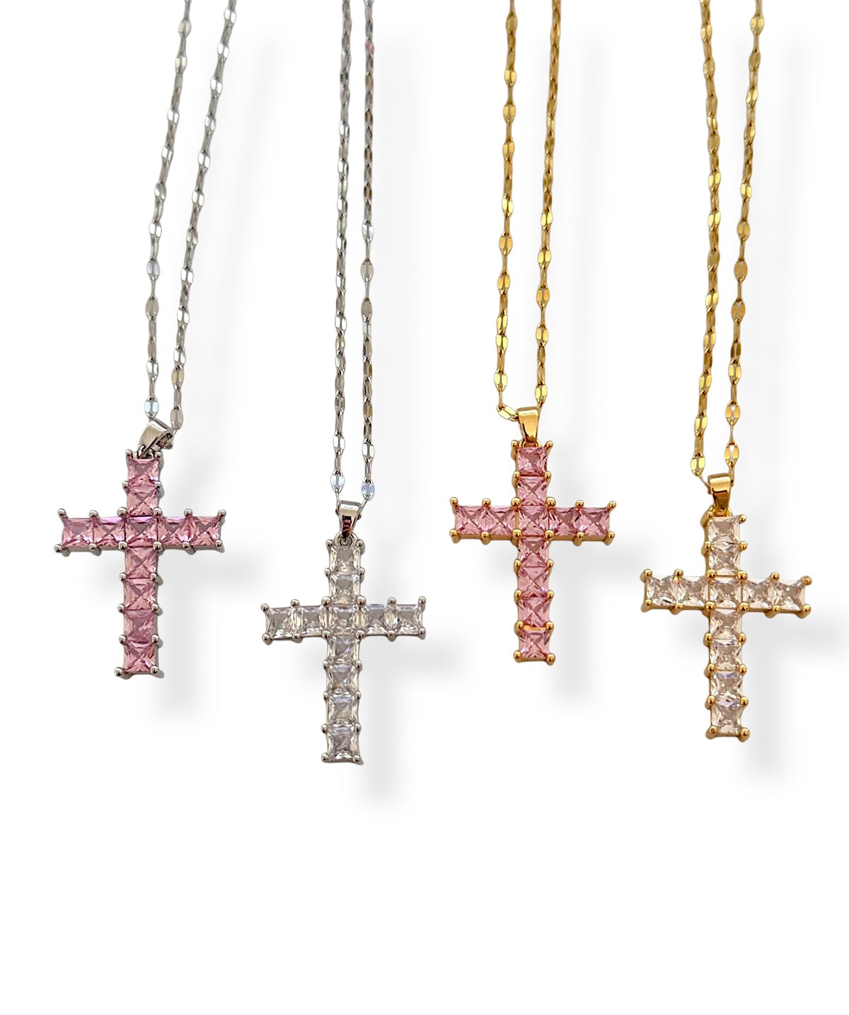 Steel necklace with cross from zircon squares - ne091