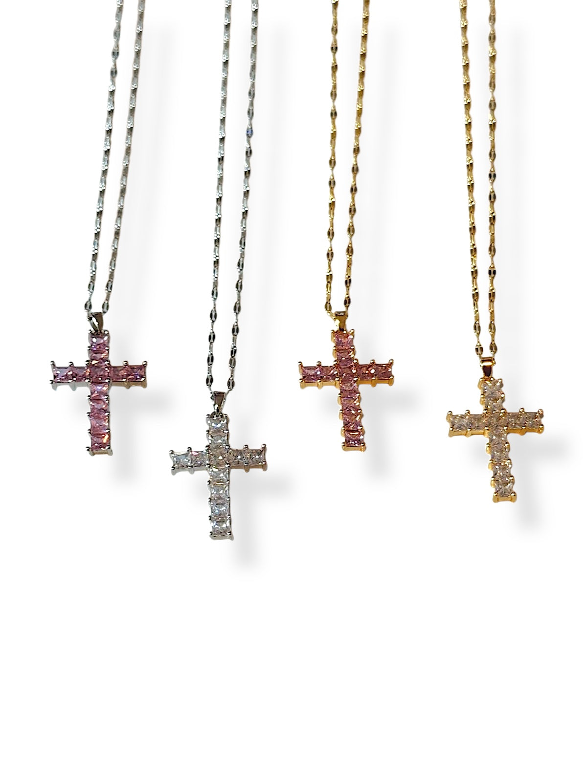 Steel necklace with cross from zircon squares - ne091