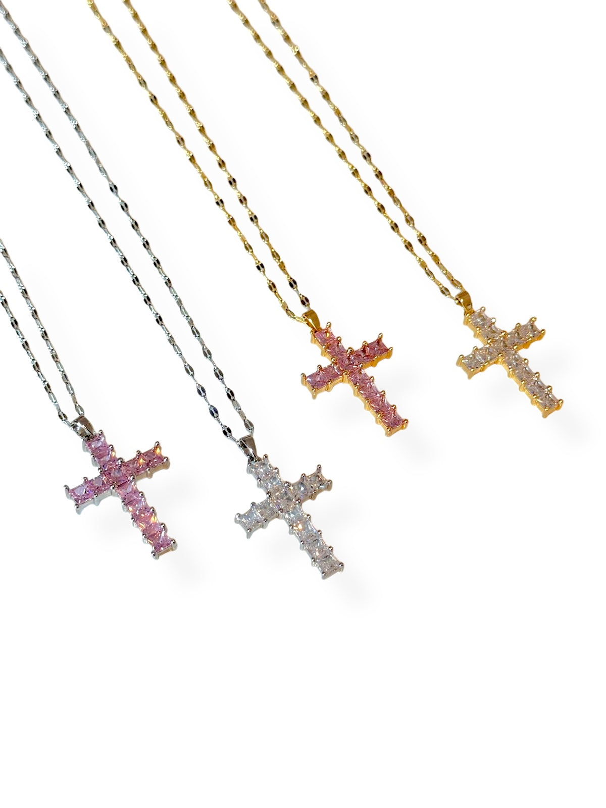 Steel necklace with cross from zircon squares - ne091