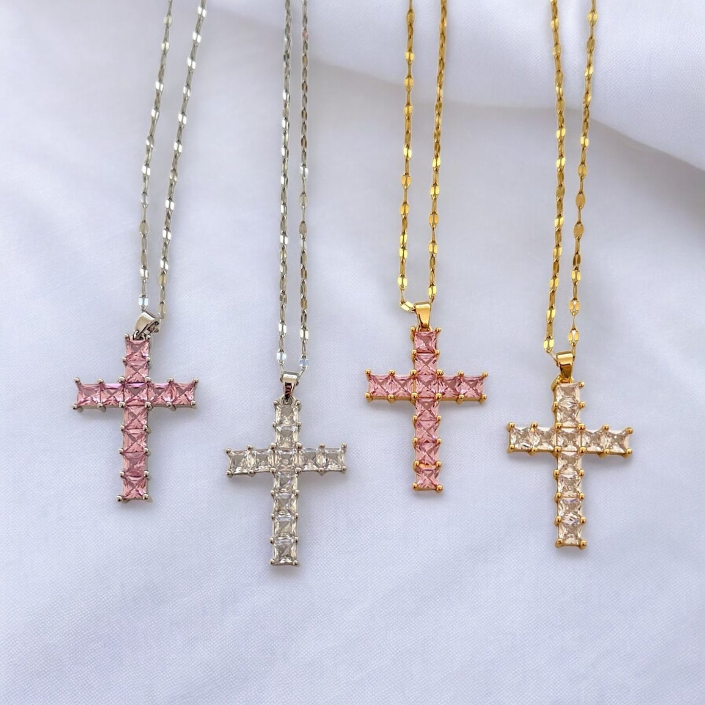 Steel necklace with cross from zircon squares - ne091