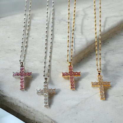 Steel necklace with cross from zircon squares - ne091