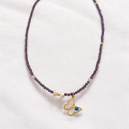 Necklace with lilac beads and butterfly pendant - ne369