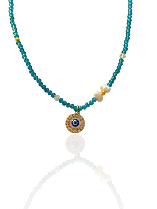 Necklace with blue beads and pendant eyes - ne429