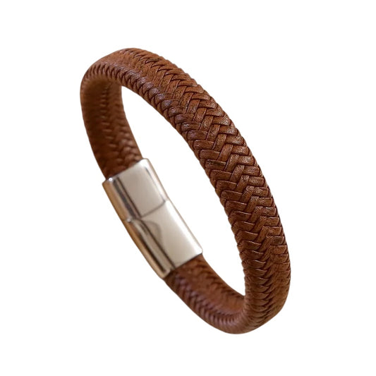 Bracelet male leather coffee with steel closure - BR219