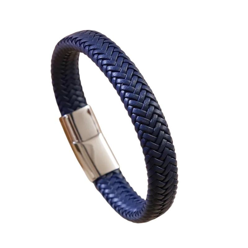 Bracelet male leather blue with steel closure - BR063