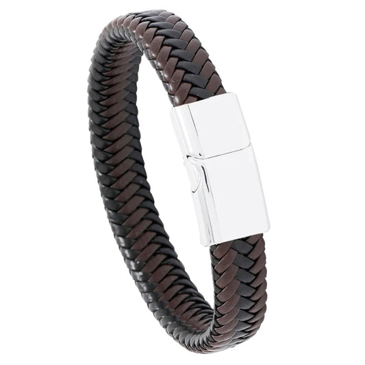 Bracelet male leather coffee with black with steel closure - BR248