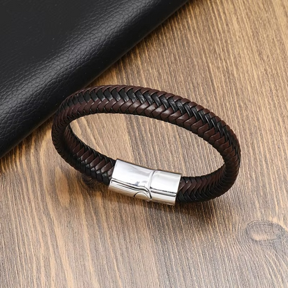 Bracelet male leather coffee with black with steel closure - BR248