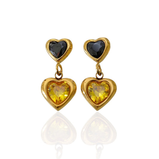 Steel earrings with two hanging hearts with black and yellow zircon - EA516