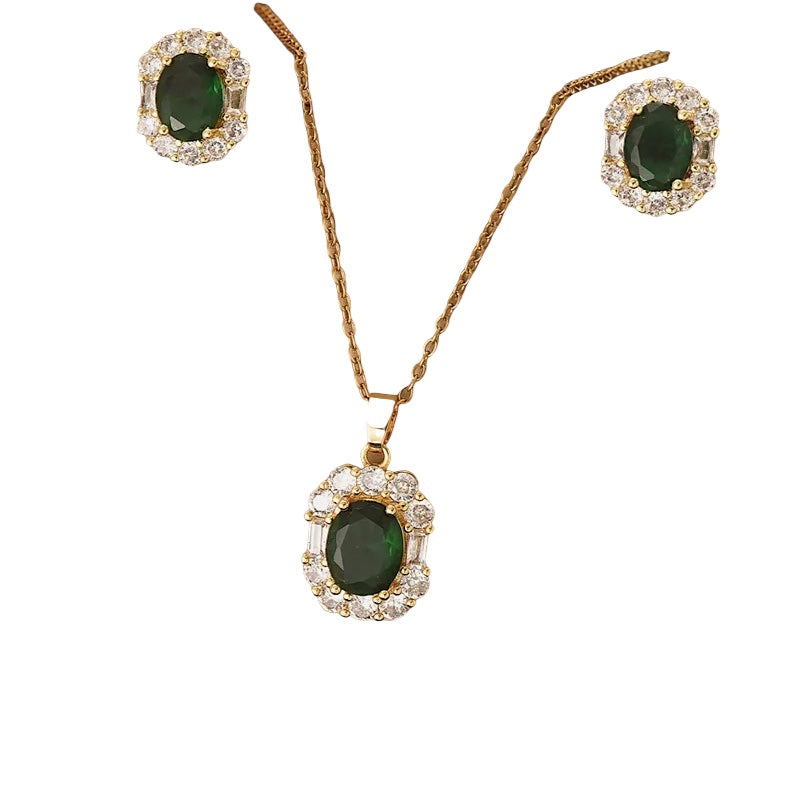 Steel set with necklaces and earrings with green zircon stones - SET067