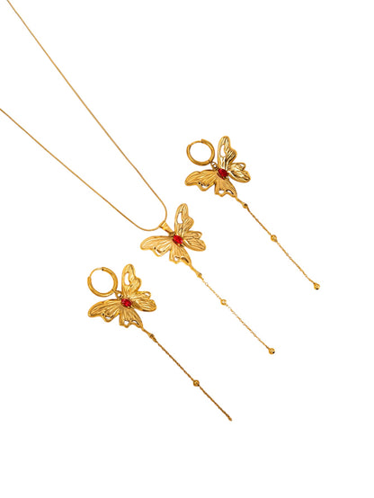 steel set with necklaces and earrings with gold butterflies - Set 069