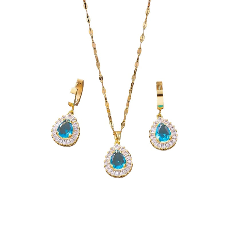 Set of steel and brass with necklaces and earrings with blue stone- SET073