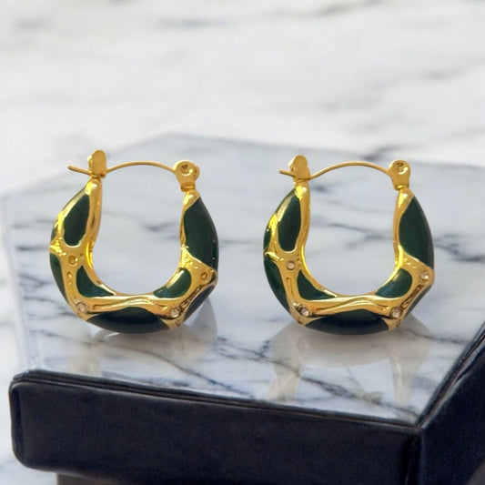 Gold/green steel earrings with zircon-ea084