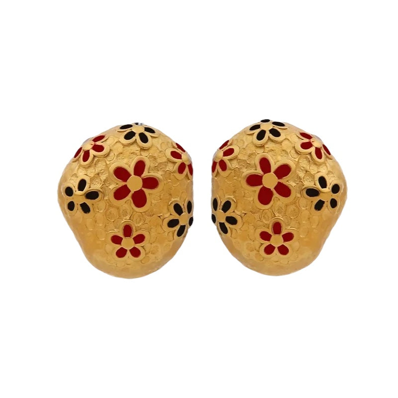 Steel oval earrings with flowers - w048