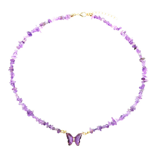 Necklace with acrylic stones and lilac butterfly - w141