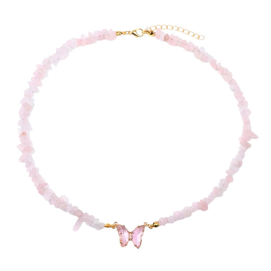 Necklace with acrylic stones and pink butterfly - w142