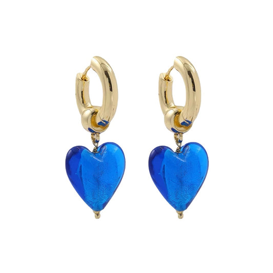 Brass earrings with blue hearts - w202