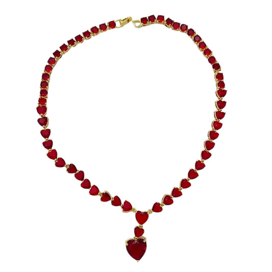 Brass necklace with red stones - w211