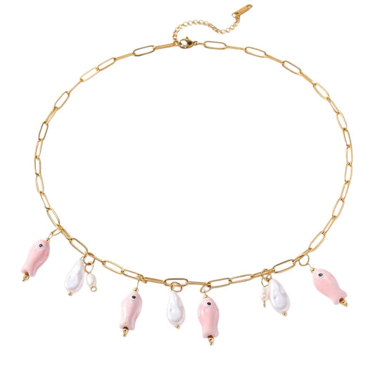 Κολιέ ατσάλινο με ροζ ψαράκια - NE674