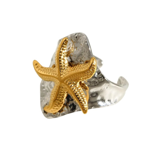 Steel silver rings with gold starfish -