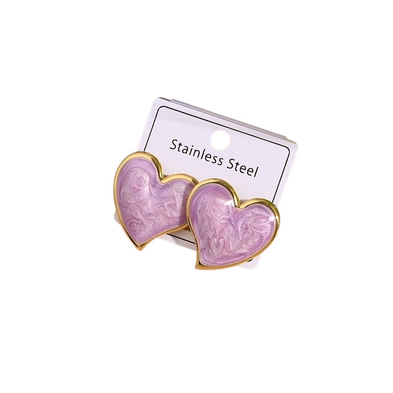Earrings of steel pink hearts - EA274
