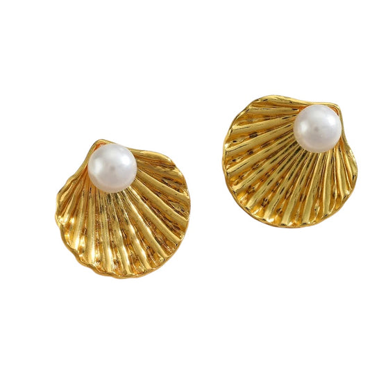 Σκουλαρίκια ατσάλινα χρυσά με πέρλα - w462