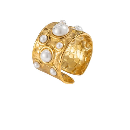 Δαχτυλίδι ατσάλινο χρυσό με πέρλες- w564