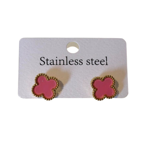 Σκουλαρίκια ατσάλινα με ροζ κυκλικούς σταυρούς - w607