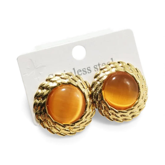 Cercei rotunzi portocalii din oțel placat cu aur-EA662