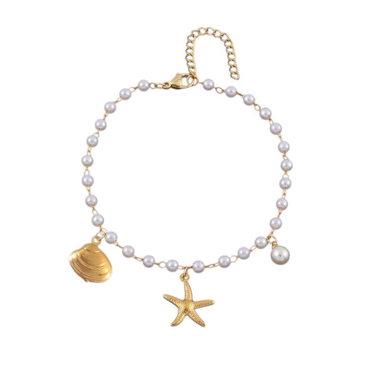 Βραχιόλι ποδιού με πέρλες, αστερία και κοχύλι- AN003