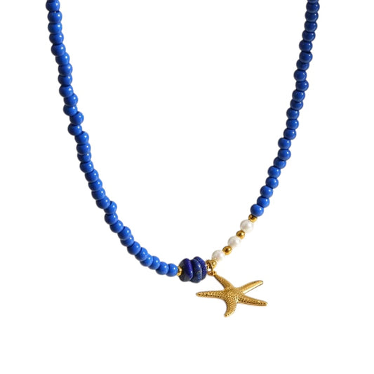 Κολιέ με μπλε χάντρες και ατσάλινο αστερία - NE449