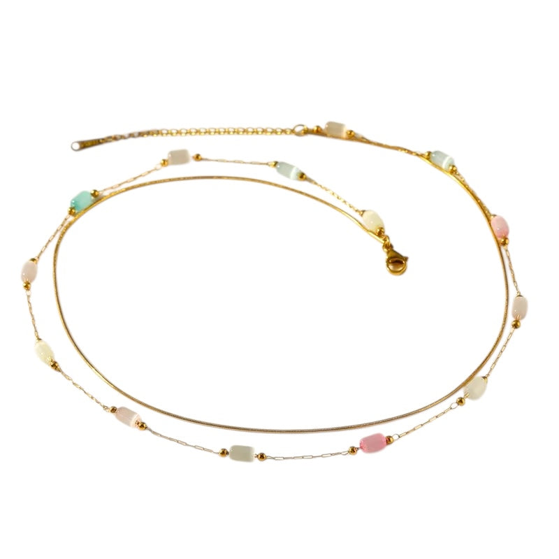 Κολιέ ατσάλινο με διπλή αλυσίδα και πέτρες - ne431