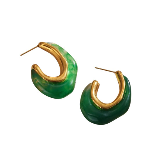 Σκουλαρίκια επιχρυσωμένο ατσάλι κρίκοι με ρητίνη πράσινη - EA163