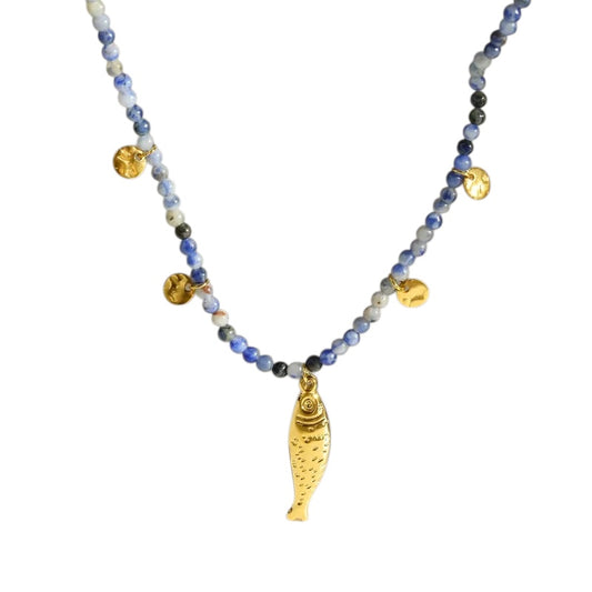Κολιέ με μπλε χάντρες και ατσάλινο ψαράκι - NE066