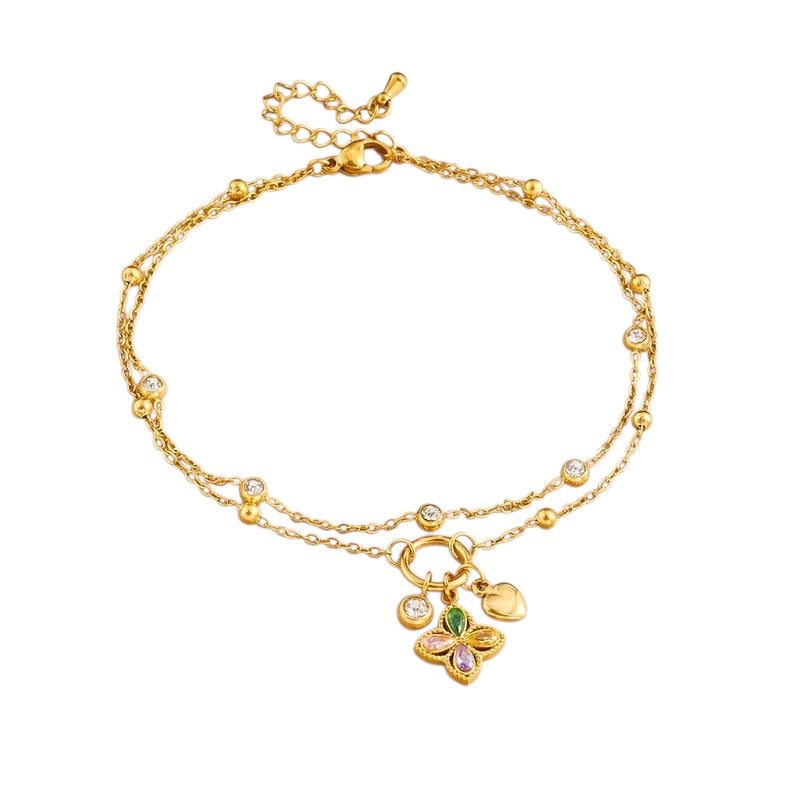 Βραχιόλι ποδιού με διπλή αλυσίδα και πολύχρωμα ζιργκόν- AN025