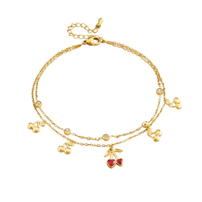 Βραχιόλι ποδιού με διπλή ατσάλινη αλυσίδα και κερασάκια και ζιργκόν- AN026