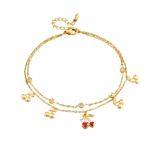 Βραχιόλι ποδιού με διπλή ατσάλινη αλυσίδα και κερασάκια και ζιργκόν- AN026