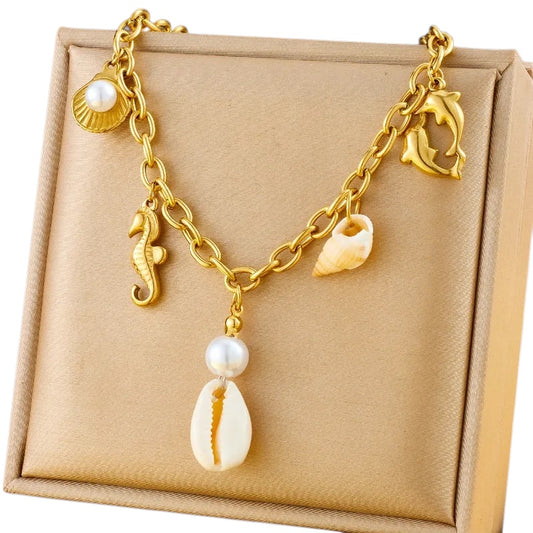 Κολιέ ατσάλιν με κοχύλι και charms-NE095