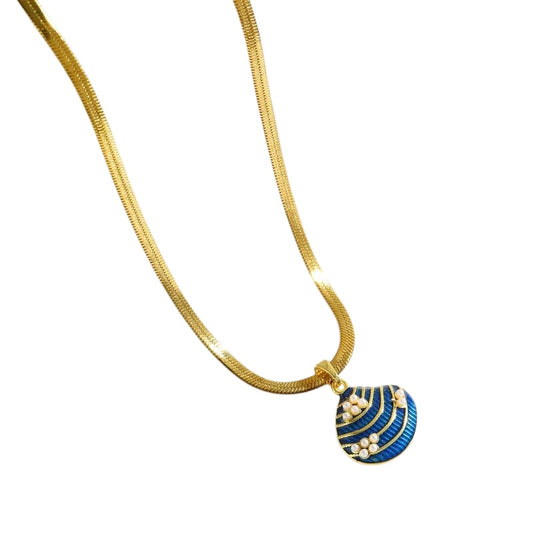 Κολιέ ατσάλινο με μπλε κοχύλι - NE117