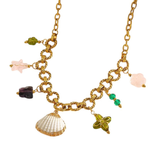 Κολιέ ατσάλινο με κοχύλι και ακρυλικά charms - NE119