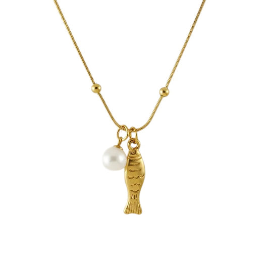 Κολιέ ατσάλινο με ψαράκι και πέρλα - ne169