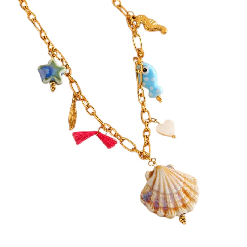 Κολιέ ατσάλινο με κοχύλι και charms- ne691