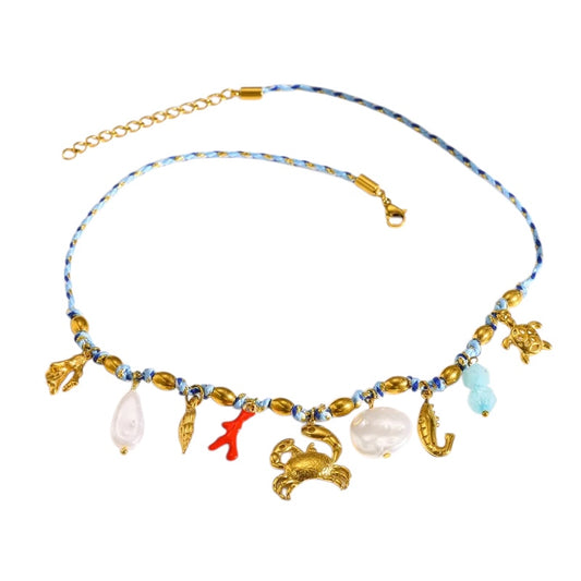 Κολιέ με μπλε κορδόνι και καβούρι - ne764