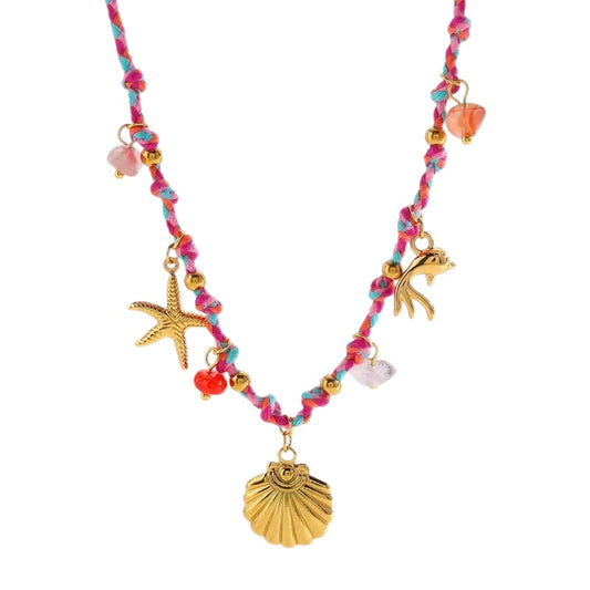 Κολιέ με ροζ κορδόνι και κοχύλια - NE773